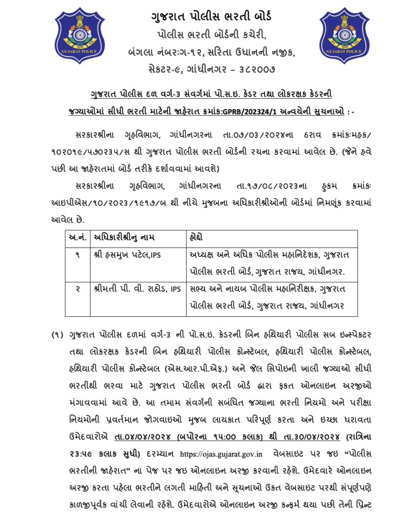 Gujarat Police Constable Admit Card 